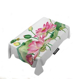 AOYEGO Pink Lotus Border Table Cloths Rectangle Botanical Flower Summer Bright Root Bud Leaf Tablecloths Decoration 52x70 Inch Polyester for Outdoor Indoor Home Party Picnic