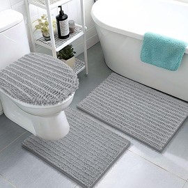 Arotive Luxury Chenille Bathroom Rugs 3 Piece with Toilet Lid Cover, Shaggy Soft and Absorbent Bath Rug, Non-Slip, Machine Washable Bath Mats for Bathroom（30x20+24x20+17.5x15, Light Grey