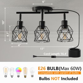 vivihobb Black Plug in Track Lighting Kit,3 Light Plug in Ceiling Light with 16.5' Cord,Flexibly Rotatable Light Head,Modern Industrial Farmhouse Style(Bulbs Not Included)