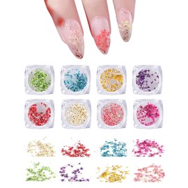 ZAMXHUG Nail Art zubehör - 8 Boxen trockenblumen nägel,getrocknete Blumen für Nägel, Nagel deko,8 Farben Nail Art Aufkleber trockene Blumen Kit getrocknete Blumen Zubehör Set DIY Nageldekoration
