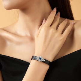 Mytys CZ Leather Cuff Bracelet for Women-Vintage Belt Buckle Wrap Cuff Bracelet Christmas Gift,6"-8" Wrist