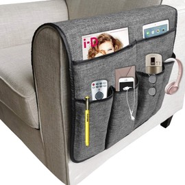 IPENNY Anti-Slip Couch Sofa Armrest Organiser Chair Bedside Storage Pocket TV Remote Holder Bed Storage Pocket Bag for Cellphone Notepad Book Magazines Holder Pouch (#B1-Gray (cotton + linen fabric))