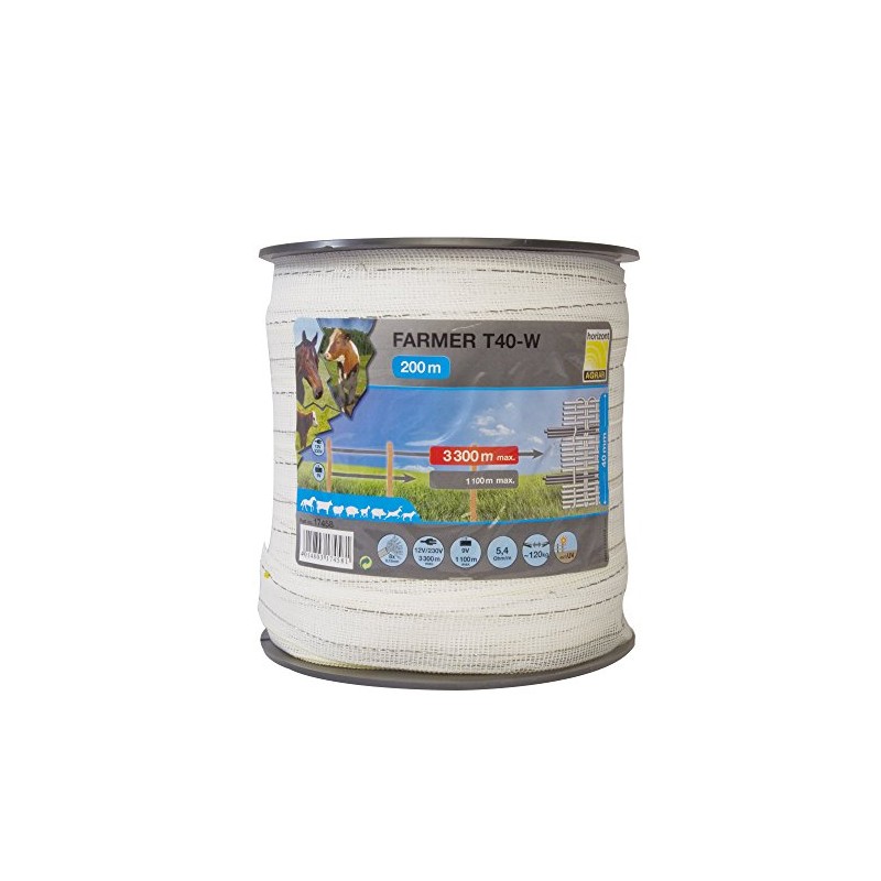 Horizont Polytape "Farmer T20-W", 20Mm, White, 4 Stainless SteelConductors, 200M-Spool