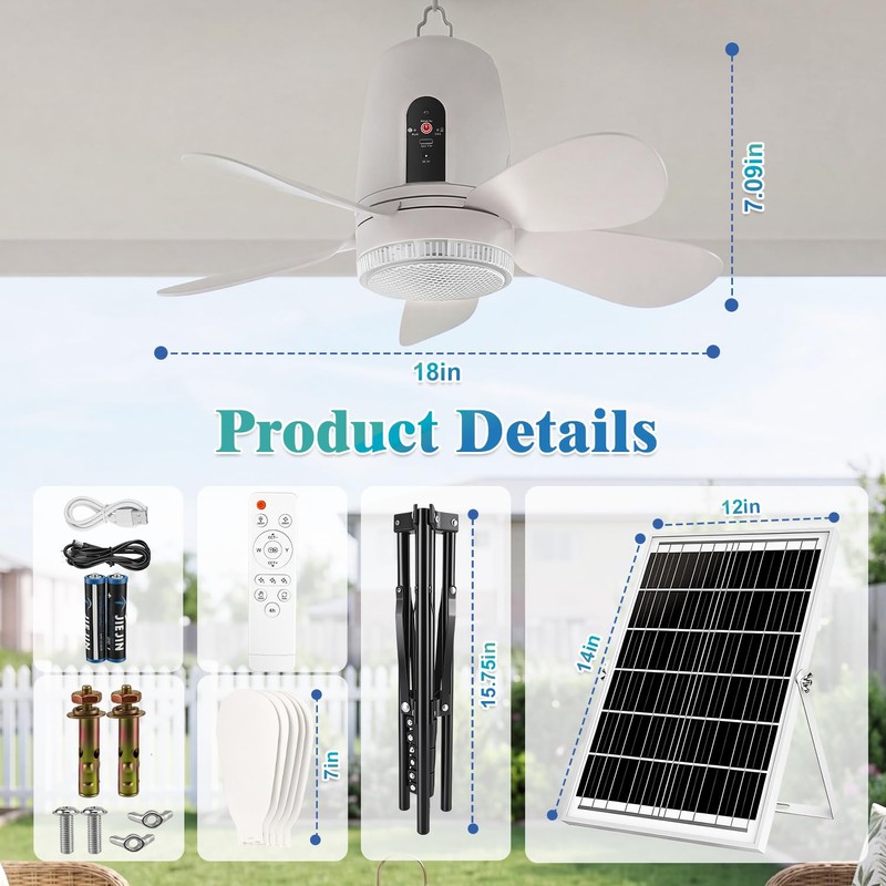 Solar Ceiling Fan Light, 18000mAh Reachargeable Gazebo Fan with Remote