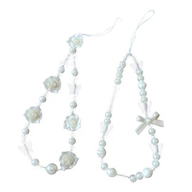 2 Pack Beaded Phone Strap Flower Artificial Pearl Phone Charms Strap Acrylic Beaded Camera Charm Wrist Straps for Key Ring Backpack Wallet Camera(White,Size:8.46inch)