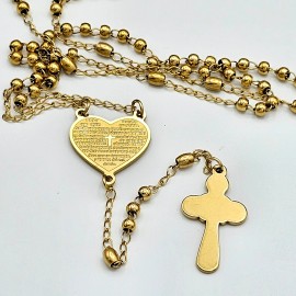 Stainless Steel GP "Oracion del Padre Nuestro" Heart Medal Rosary. Rosario Acero