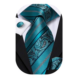 Hi-Tie Men Ties Sets Silk Stripe Paisley Necktie Pocket Square Cufflinks for Business Wedding,Teal Paisley