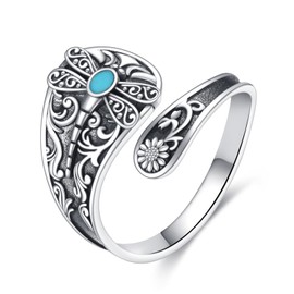 AXOMY Dragonfly Spoon Ring S925 Sterling Silver Vintage Turquoise Dragonfly Rings Sunflower Adjustable Spoon Ring Jewelry Gifts for Women Men