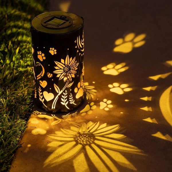 iHeartDogs Pet Memorial Gifts - Artisan Shadow Solar Lantern 'Sunflowers & Paws' - This Pet Loss Gift Feeds 7 Shelter Pets in Honor of Your Departed Pet