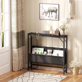 Asgolion 31.5'' Small Console Table with Charging Station and Storage, Entryway Table Narrow with Power Outlets and USB Ports, Skinny Sofa Table, for Living Room, Foyer, Entryway, Hallway, Black