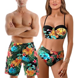 SINBRLAI Matching Swimsuit for Couples,Women Two Piece Bathing Suit Bikini Set Mens Swimtrunks Couples Matching Swimwear Black