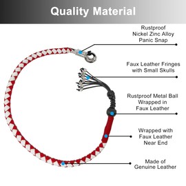 Dream Apparel 42" Motorcycle Get Back Whip Genuine Leather Biker Whip for Handlebar, Motorcycle Whip with Fringes and Skulls, Red and White