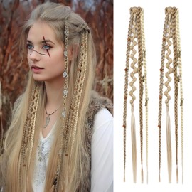 REECHO Clip in Braid Hair Extensions for Women, 16" Boho Dreadlock Clip in Braids with Beads & Charms, 2PCS Synthetic Braided Hairpieces for Cosplay Daily, Medium Blonde with Light Blonde