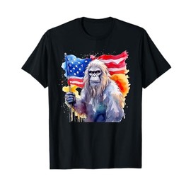 Bigfoot Watercolor Artwork American Flag 4th Of July Art USA T-Shirt