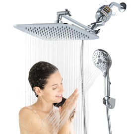 10'' Dual 20 Stage Filtered Shower Head with Handheld, 6 Spray Settings Handheld Shower Head High Pressure Rainfall Filter Combo with 12'' Adjustable Extension Arm, 71'' Shower Hose (Chrome Polished)