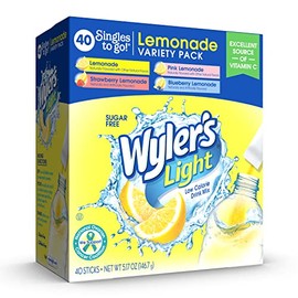 Wyler's Light Singles to Go Powder Packets, Water Drink Mix, Variety Pack, Pink, Strawberry & Blueberry Lemonade, Sugar & Caffeine Free, On-The-Go, 50 Count