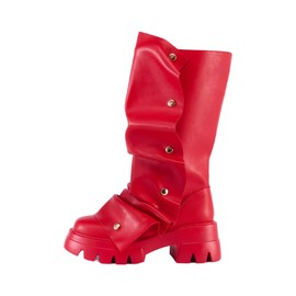 Atuelang Shark Boots for Women Slouchy Fold Over Mid Calf Platform Boots Ruched Detachable Snap Button Block Stacked Heel Lug Sole Round Toe Pull On Western Fall Fashion Boot Red Size 10