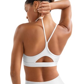 YEOREO Women's Workout Y Back Strappy Sports Bras Padded V Neck Medium Impact Racerback Spaghetti Straps Bra Gym Yoga Top, White, Large