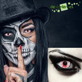DESIGNLENSES, Bloody White Coloured Halloween Costume Contact Lenses, 1 Pair (2 Pieces), Soft White Red Zombie Coloured Lenses without Strength, Blood Splash"
