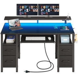 Seventable Computer Desk 47.2" with LED Lights & Power Outlets, Home Office Desk with 4 Drawers, Writing Desk with Keyboard Tray, Study Table with Monitor Stand, Work Desks for Home Office, Black