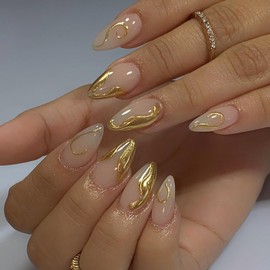 24 Pcs 3D French Tip Press on Nails Short Almond Fake Nails with Designs Full Cover Glue on Nails Gold Irregular Line False Nail Tips for Women Nail Decoration