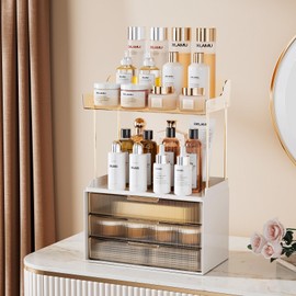 Delamu Bathroom Organizers and Storage, 2 Tier 3 Drawer Makeup Organizer Countertop, Easy to Install, Ideal for Bathroom Counter, Vanity, Ideal for Women Girls, Amber