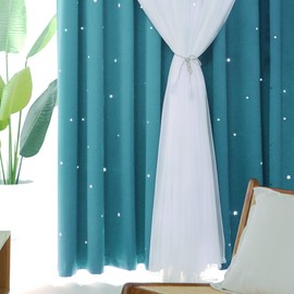 Kinryb Kids Blackout Curtains for Bedroom/Living Room/Classroom, Sheer Overlay 2 Free Tiebacks, Double Layer Curtains with Star Cutout for Kids Room(Each Piece W 70 x L 84 Inches 2 PCs Sky Blue)