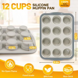 Silicone Muffin Pan, 12 Cups Non-Stick Cupcake Pan, Food-Grade BPA-Free Muffin Tin, Oven-Safe 450 °F, Reinforced Steel Frame, Easy-Grab Handles, Quick-Release 2.3" Baking Molds for Mini Treats
