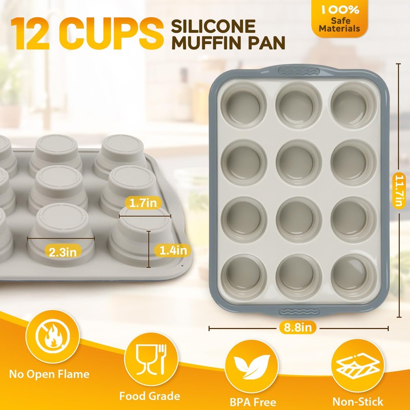 Silicone Muffin Pan, 12 Cups Non-Stick Cupcake Pan, Food-Grade BPA-Free