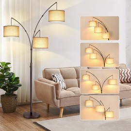 OUTON Tall Arc Floor Lamp - Adjustable, Modern, 3-Light Arched Lamp for Bedroom, Office, and Living Room, 2400lm Mid Century Design with 3 Energy-Efficient LED Bulbs Included, Beige Lampshade