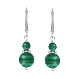 Gemstone Natural Dark Green Malachite Boho Bali Milgrain Edged Beaded Rondel Separator Double Ball Round Drop Dangle Earrings For Women Teen .925 Sterling Silver Lever back