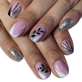 French Tip Press on Nails Square Medium with Black Branches and Leaves Designs White French False Nail Tips Cute Glitter Nails Press ons Medium Square Stick on Fake Nails for Women Manicure 24Pcs