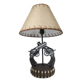 Ebros Gift Rustic Western Texas Double Six Shooter Revolver Gun Pistols with Bullets Buckle Base Desktop Bedside Table Lamp and Shade Wild West Country Rustic Home Decor Accent
