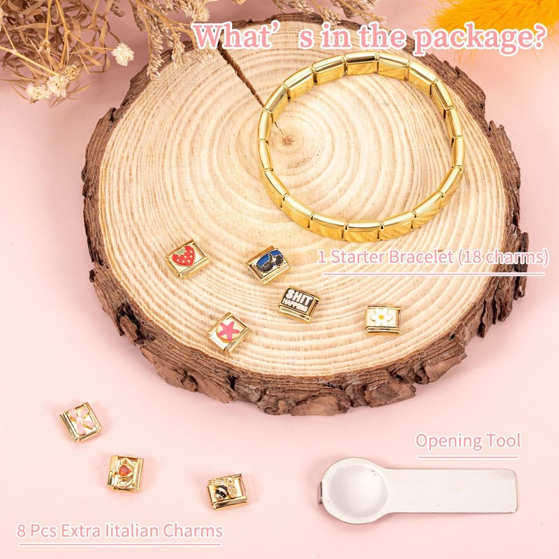 Kunoli Italian Charm Bracelet Gold, 8 Italian Charms Gold Charm