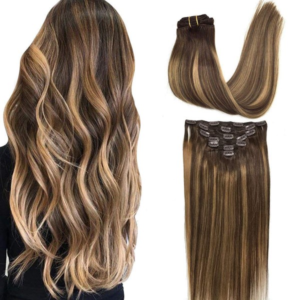 GOO GOO Clip-in Hair Extensions for Women, Soft & Natural, Handmade Real Human Hair Extensions, Chocolate Brown to Caramel Blonde, Long, Straight #(4/27)/4, 7pcs 120g 18 inches