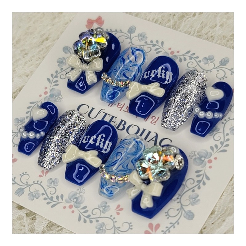 Blue Lucky Handmade Nail Tips - Square L / 블루