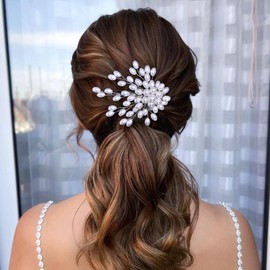 JHOO White Pearl Hair Clip Bridal Wedding Hair Accessories, Bride and Bridesmaid Wedding Headpieces, Women Prom Jewelry Side Hairpin (White)