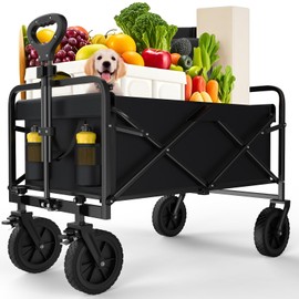 OLIXIS Heavy Duty Wagon Cart with Wheels Foldable,Large Collapsible Wagons Carts with All-Terrain Wheels,Smooth Maneuverability,Suitable for Gardening,Camping and Beach,Black