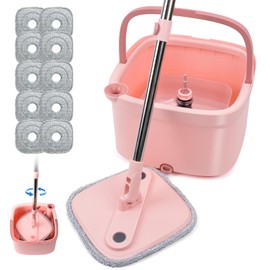Tikaa Atok Spin Mop and Bucket Set with MSelf Separation Dirty and Clean Water System Square Mop Bucket Self Wringing 360° Rotating Clean Mop-Head for Hardwood Tile Marble Floors with 10Pads-Pink