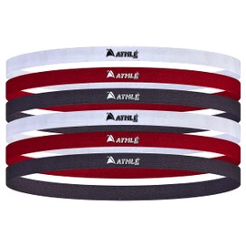 Athle Sport Skinny Elastic Headbands, Non Slip Silicone Grip, Lightweight and Comfortable Thin Bands for Women and Men (Pack of 6) - Grey, White, Red