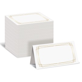 Better Office Products 100 Pack Place Cards, 2 x 3.5 in, White with Modern Metallic Gold Geometric Border, Folded Table Tent Cards for Weddings, Dinner Parties, Buffet Banquets,(100 Count)