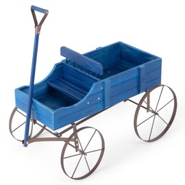 ReunionG Wagon Planter, Wooden Decorative Flower Cart Plant Box with 4 Wheels, 2 Planting Sections, Adjustable Handle, Outdoor Garden Planter for Outside, Patio, Backyard, Balcony (Blue)