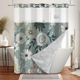 NAEMBCU No Hook Boho Shower Curtain with Snap in Liner - Gray Green Retro Flowers, Hookless Waterproof Shower Curtain for Bathroom, Hotel Decor, See Through Top Window, 71x74inch