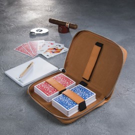 Melia Games Deluxe Playing Card Set - Premium Card Case Made of Finest Leather - Complete Set Including 2 Decks of Playing Cards, Notepad and Pencil (Designer Edition - Mustard)