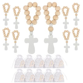 KAZIPA 10pcs Baptism Favors,Wooden Rosary Beads with Cross Pendant and White Mesh Bags, Rosary Favors Band Wooden Bulk Catholic Rosary Beads for Baptism First Communion Confirmation Baby Shower Christening