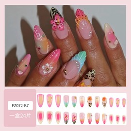 24Pcs Summer Flower Press on Nails Medium Almond Fake Nails French Tip False Nails with Gold Bead Colorful Rhinestone Design Reusable Acrylic Nails Full Cover Artificial Stick on Nails for Women Girls
