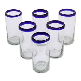 NOVICA Hand Blown Clear Blue Recycled Glass Tall Juice Glasses, 11 Oz 'Cobalt Classics'(Set Of 6)