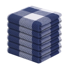 Homaxy 100% Cotton Waffle Weave Check Plaid Dish Cloths, 12 x 12 Inches, Super Soft and Absorbent Dish Towels Quick Drying Dish Rags, 6-Pack, White & Navy Blue