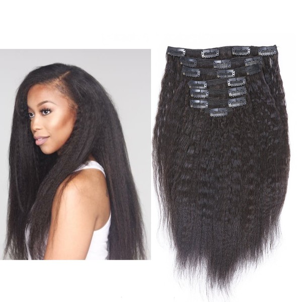 Anrosa Yaki Kinky Straight Clip ins Extensions Human Hair Thick Afro Kinky clip in Extension for African American Black Women Hair Thick Big Volume Natural Hair Color 1B Natural Black 120 Gram 20 Inch