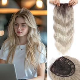 Hair Topper, 360° 3D Toppers for Women with Thinning Hair, 20 Inch Long Curly with Side Bangs (Highlights Light Brown Mix Blonde with Brown Root, French Bangs)